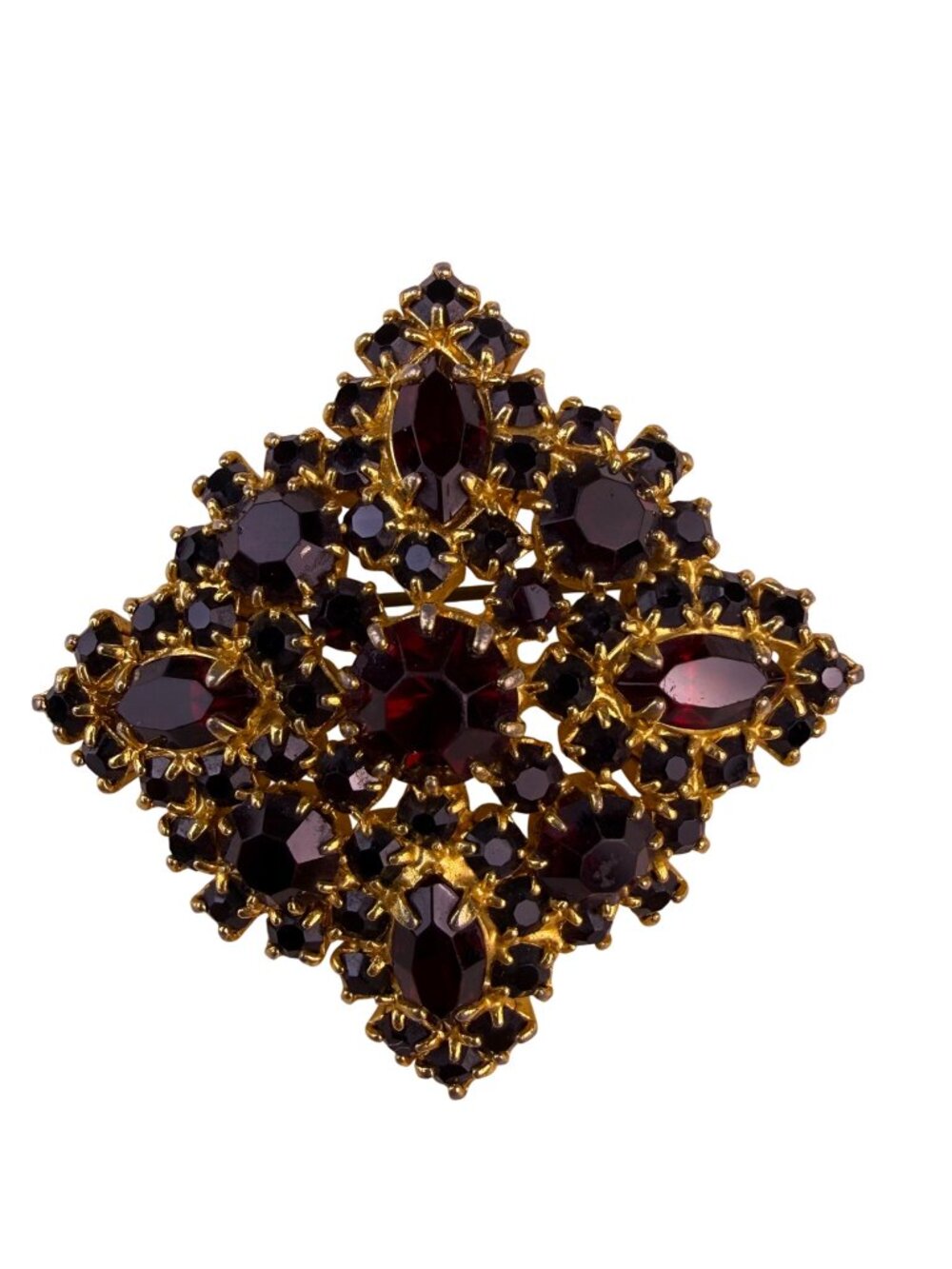 Bohemian Garnet Gold-Tone Metal Vintage Brooch Red Stones Intricate Design
